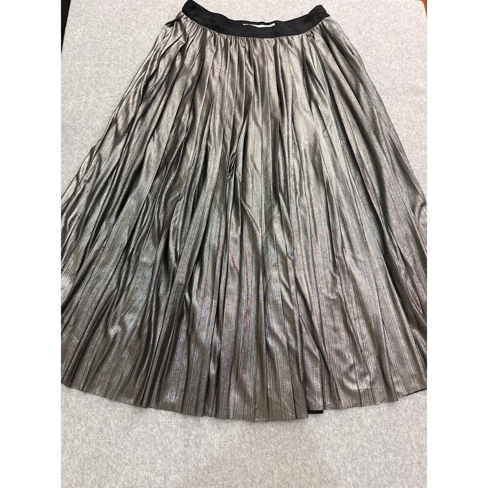 Rebecca Minkoff Silver Plissé Pleated Metallic Midi Skirt Elastic Waist XS